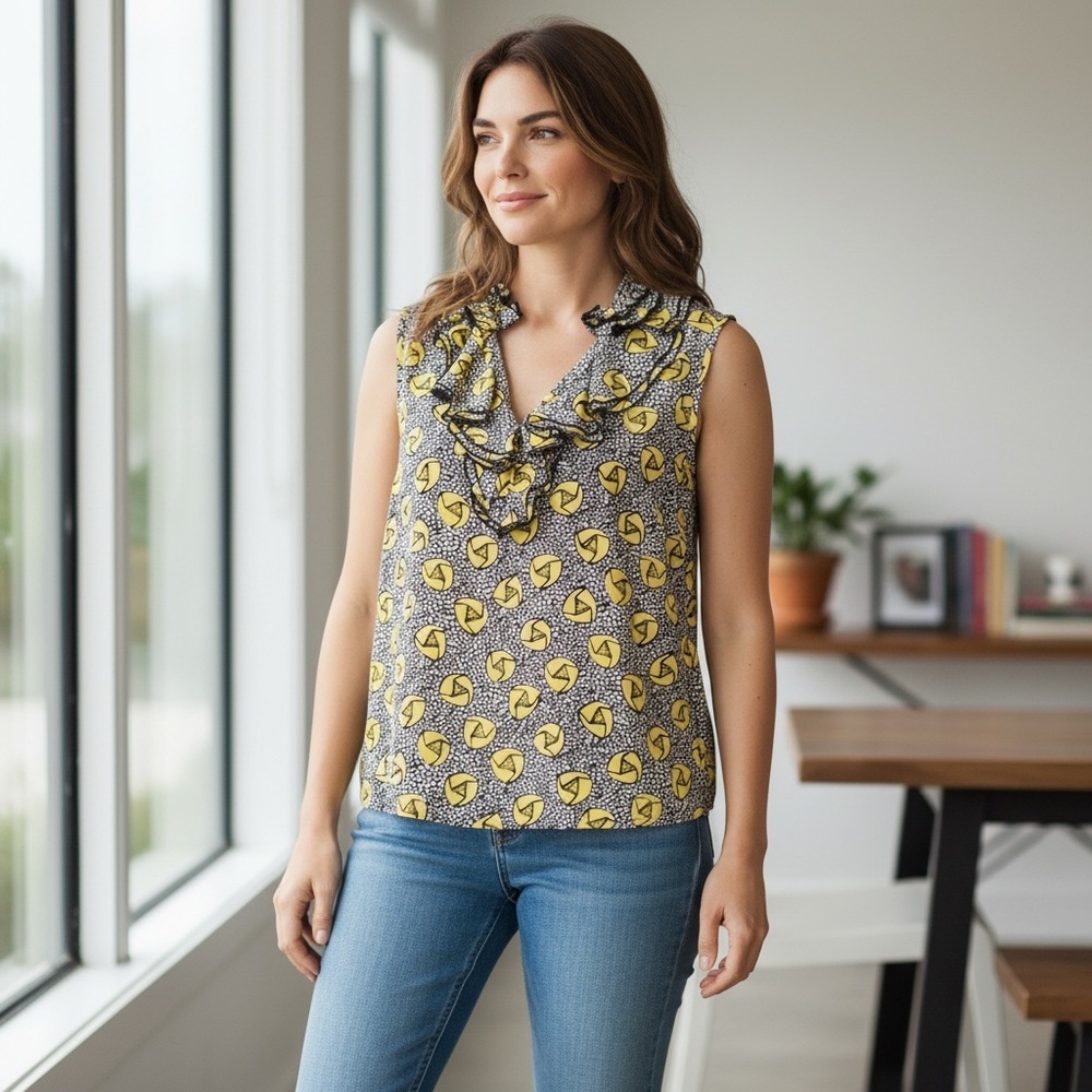 Doncaster sleeveless black yellow blouse w/ruffles